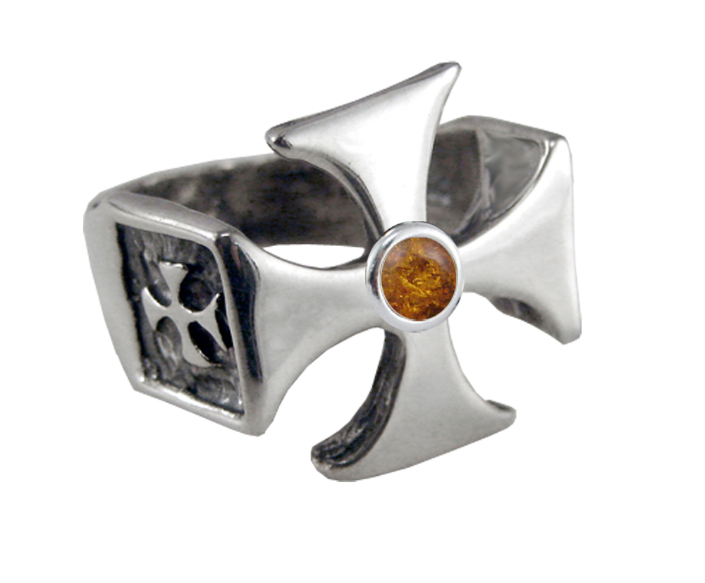 Sterling Silver Iron Cross Ring With Amber For a Man or Woman Size 12
